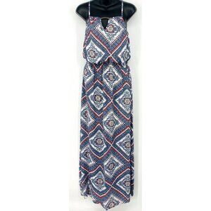 Rue Maxi Dress Women Size Medium M Blue White Red Geometric Lined Spaghetti B82